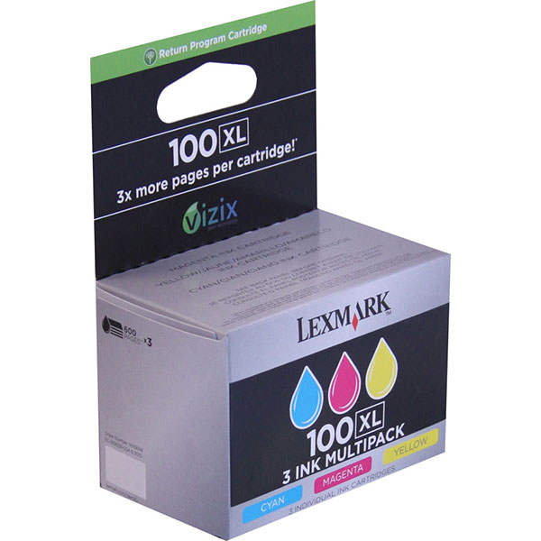 Lexmark 14N0684 (Lexmark #100C M Y XL) Cyan, Yellow, Magenta OEM High Yield Ink Cartridge (Multipack, 3pk)