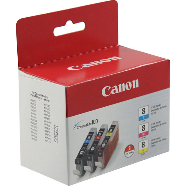 Canon 0621B016 (CLI-8) Yellow, Magenta, Cyan OEM Inkjet Cartridge (3 pk)